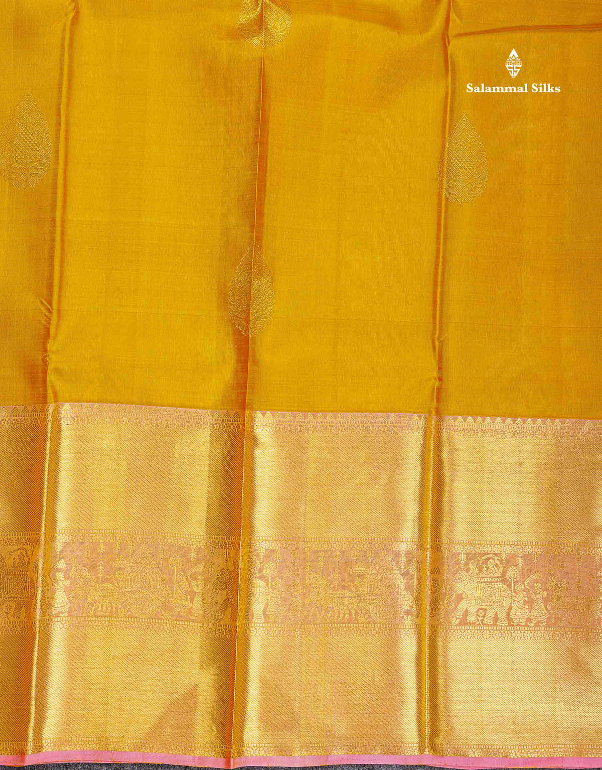 Beautiful Mustard Yellow Pure Kanjivaram Silk Saree with Contrast Peach Pink Traditional Evening Morning Pallakku Border