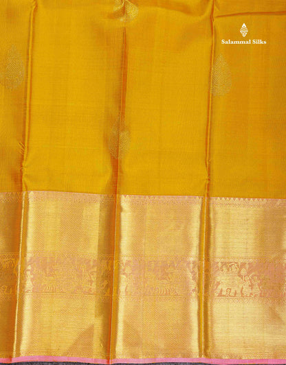 Beautiful Mustard Yellow Pure Kanjivaram Silk Saree with Contrast Peach Pink Traditional Evening Morning Pallakku Border