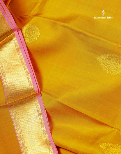 Beautiful Mustard Yellow Pure Kanjivaram Silk Saree with Contrast Peach Pink Traditional Evening Morning Pallakku Border