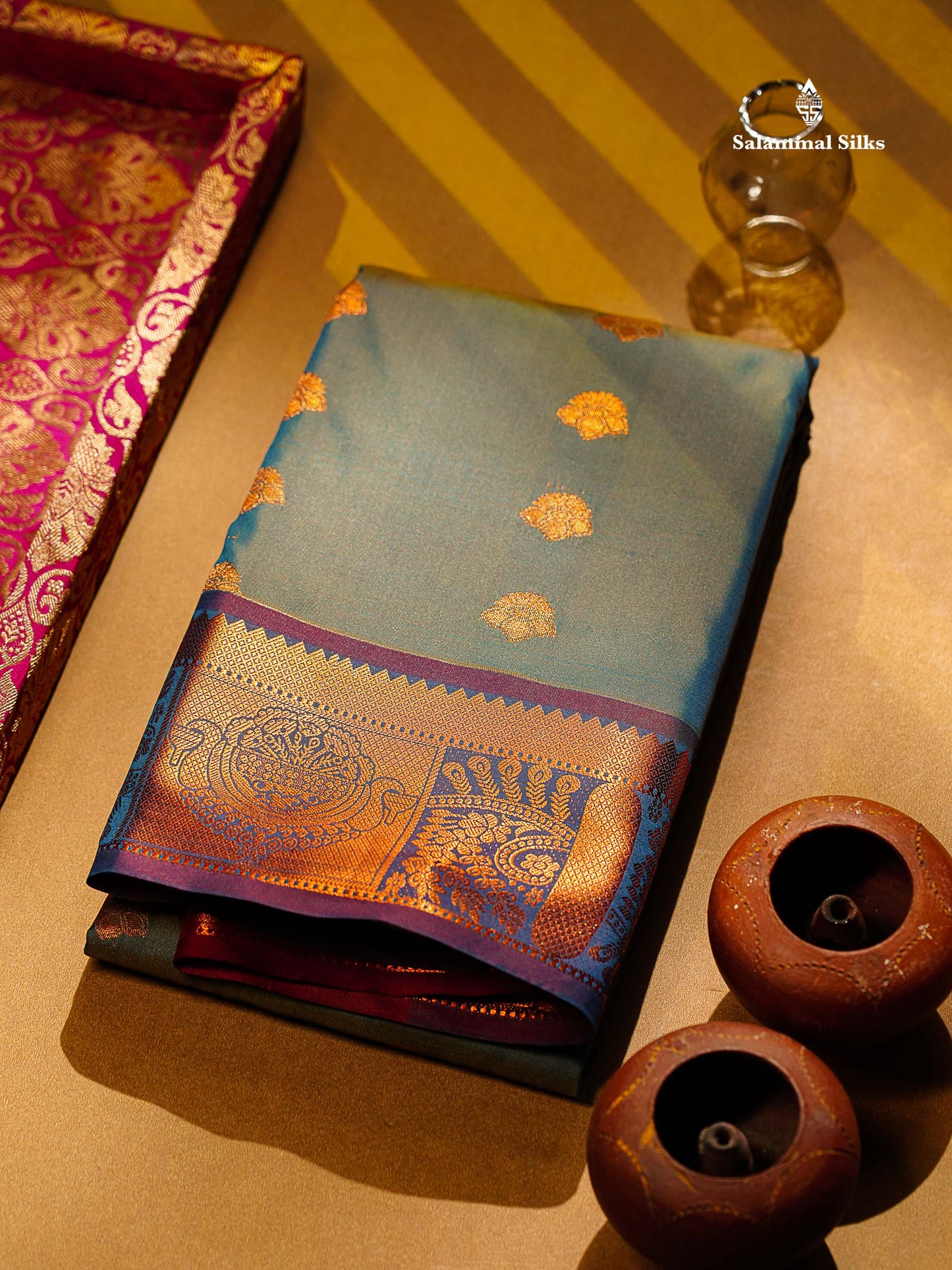 Beautiful Light Blue Semi Silk Saree With Contrast Light Violet Traditional Border