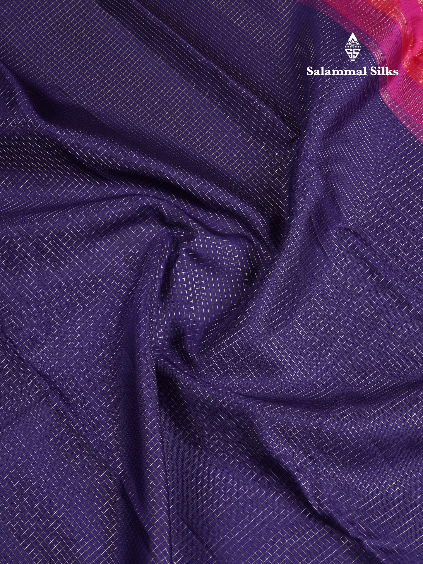 Beautiful Koravi Navy Blue Vaira Oosi Checks Pure Kanjivaram Silk Saree With Contrast Pink Traditional Border