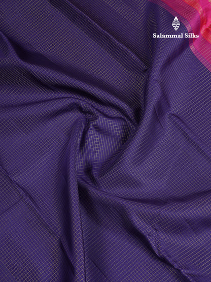 Beautiful Koravi Navy Blue Vaira Oosi Checks Pure Kanjivaram Silk Saree With Contrast Pink Traditional Border