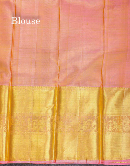 Beautiful Mustard Yellow Pure Kanjivaram Silk Saree with Contrast Peach Pink Traditional Evening Morning Pallakku Border