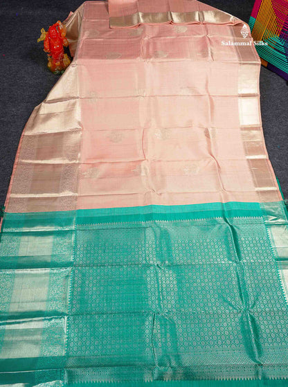 Beautiful Baby Pink Pure Kanjivaram Silk Saree With Contrast Sapphire Green Blouse