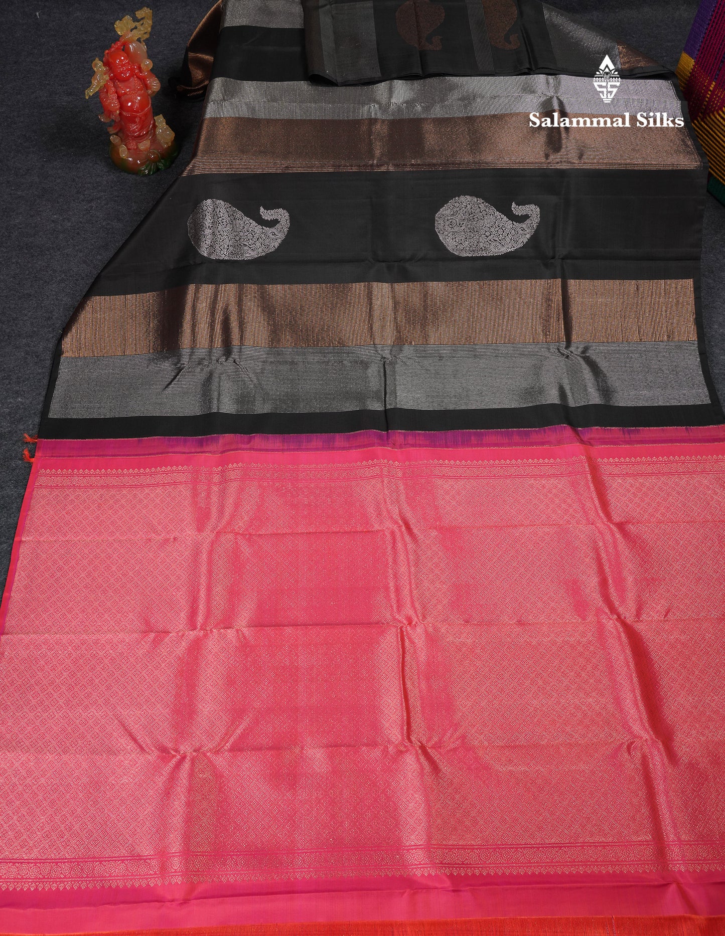 Beautiful Black Fancy Pure Kanjivaram Silk Saree With Contrast Dual Tone Pinkish Orange Blouse
