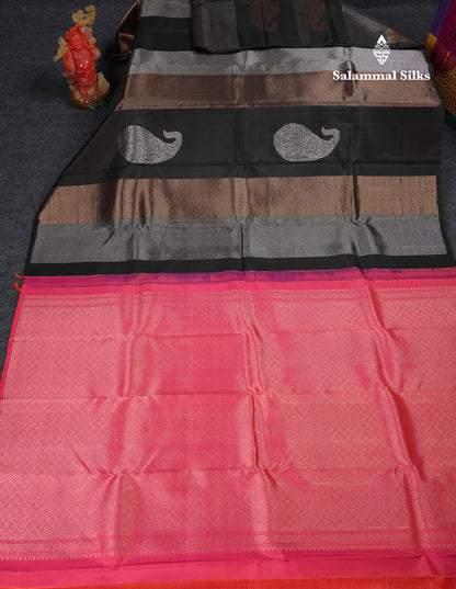 Beautiful Black Fancy Pure Kanjivaram Silk Saree With Contrast Dual Tone Pinkish Orange Blouse