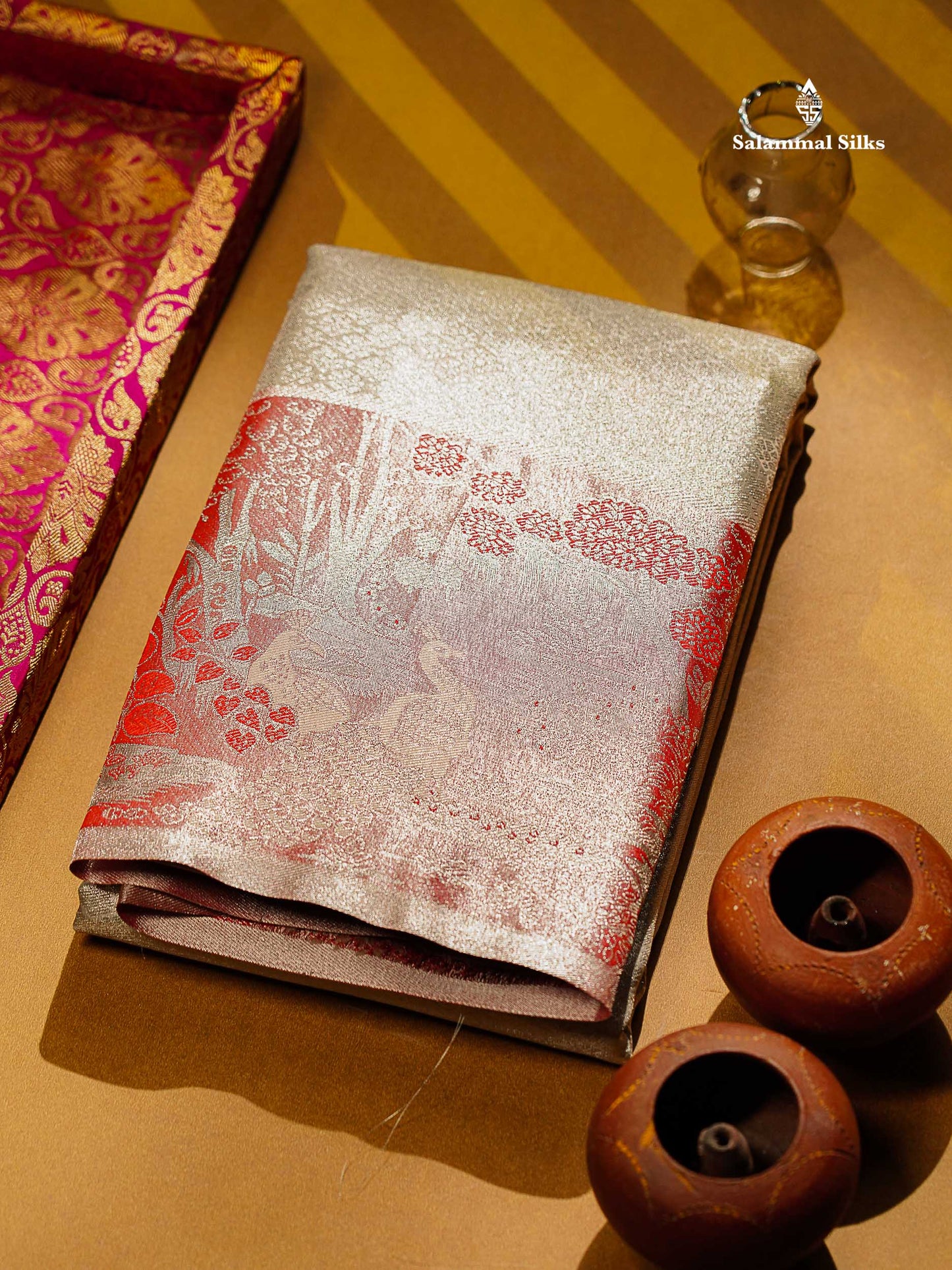 Beautiful Silver Grey Tissue Bridal Semi Silk Saree With Contrast Light Maroon Fancy Forest Theme Based Border