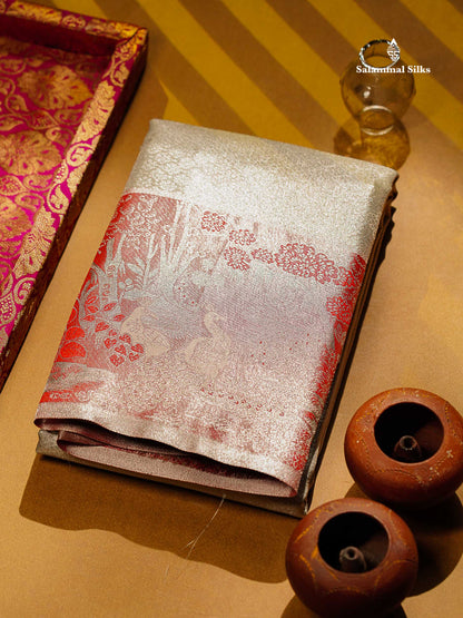 Beautiful Silver Grey Tissue Bridal Semi Silk Saree With Contrast Light Maroon Fancy Forest Theme Based Border