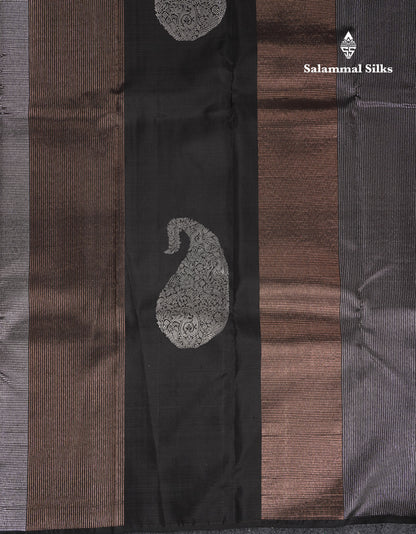 Beautiful Black Fancy Pure Kanjivaram Silk Saree With Contrast Dual Tone Pinkish Orange Blouse