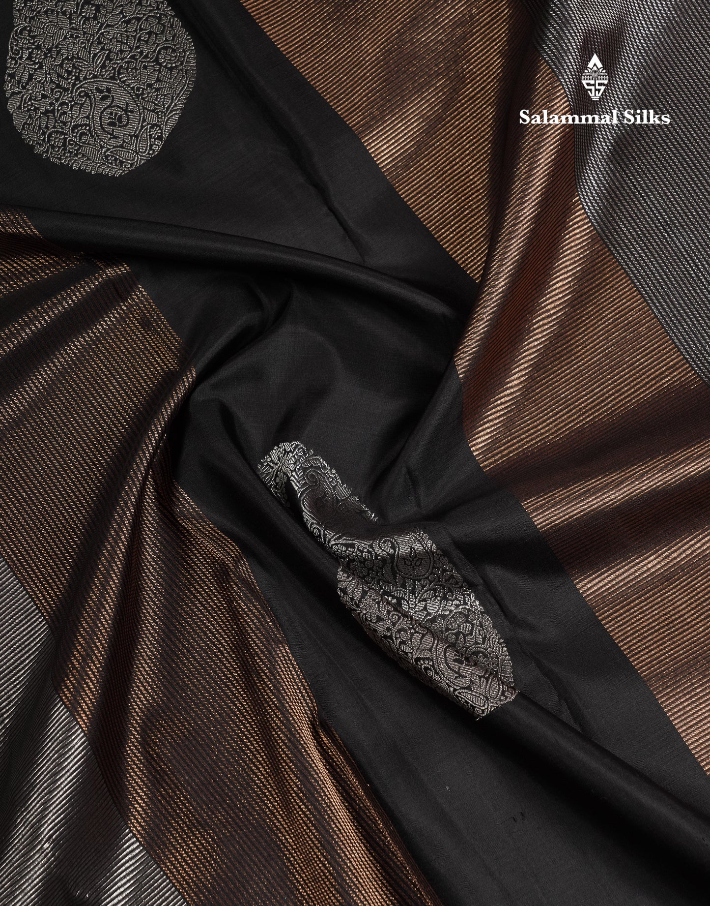 Beautiful Black Fancy Pure Kanjivaram Silk Saree With Contrast Dual Tone Pinkish Orange Blouse