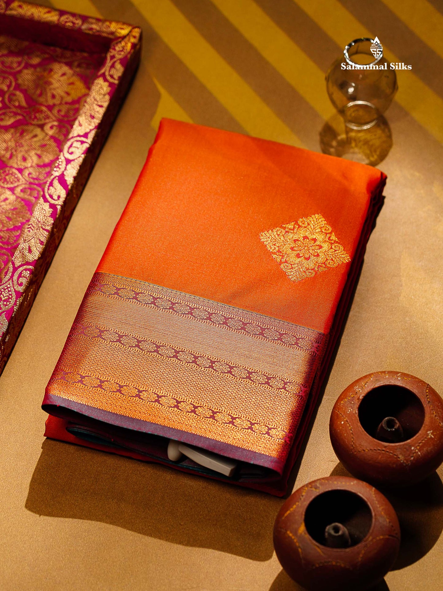 Beautiful Orange Semi Silk Saree With Contrast Peacock Blue Traditional Border