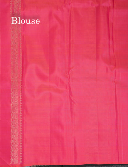 Beautiful Black Fancy Pure Kanjivaram Silk Saree With Contrast Dual Tone Pinkish Orange Blouse