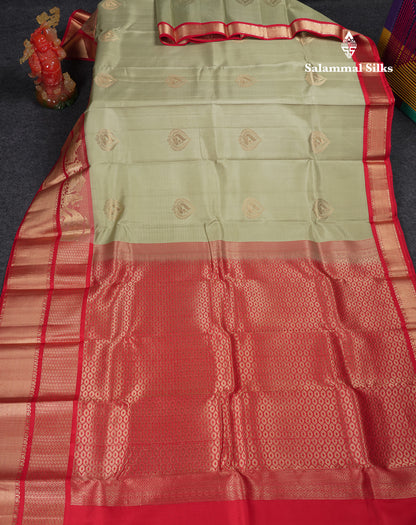 Beautiful Light Pista Green Pure Kanjivaram Silk Saree with Contrast Chilly Red Traditional Pallakku Border