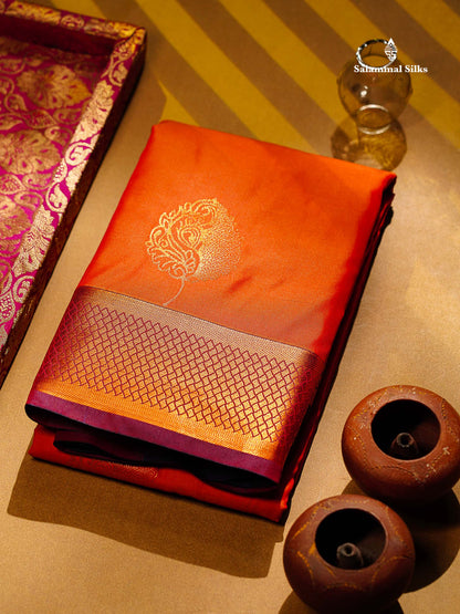 Beautiful Orange Semi Silk Saree With Contrast Maroon Traditional Border