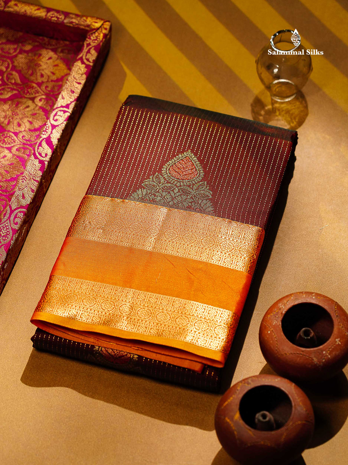 Beautiful Dual Tone Blueish Grey Zari Line With Butta Semi Silk Saree With Contrast Manthulir Green Traditional Evening Morning Gap Border