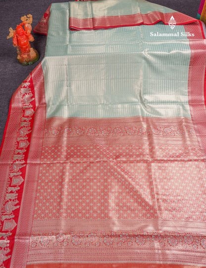 Beautiful Light Green Tissue Silk Mix Saree With Contrast Vadamalli Traditional Pallaku Evening Morning Border