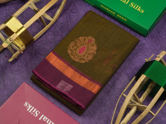 Olive Mustard Yellow Beautiful SICO Cotton Saree With Magenta Border