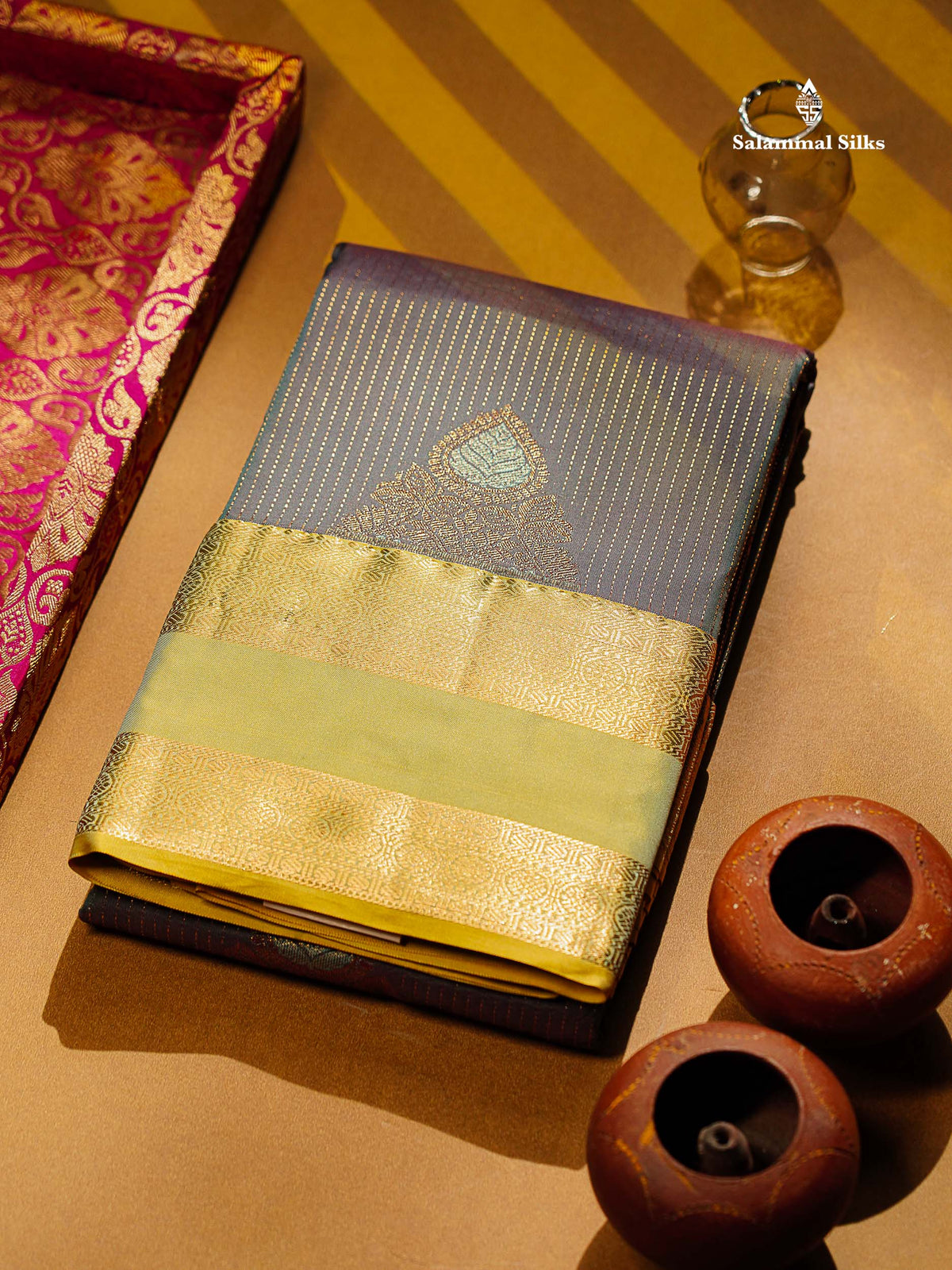 Beautiful Dual Tone Blueish Grey Zari Line With Butta Semi Silk Saree With Contrast Manthulir Green Traditional Evening Morning Gap Border