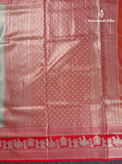Beautiful Light Green Tissue Silk Mix Saree With Contrast Vadamalli Traditional Pallaku Evening Morning Border