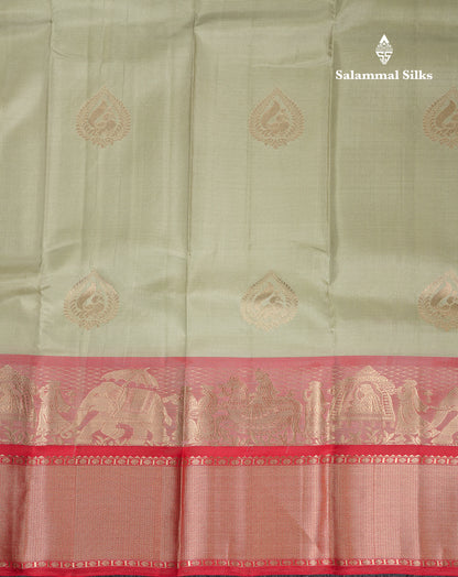 Beautiful Light Pista Green Pure Kanjivaram Silk Saree with Contrast Chilly Red Traditional Pallakku Border