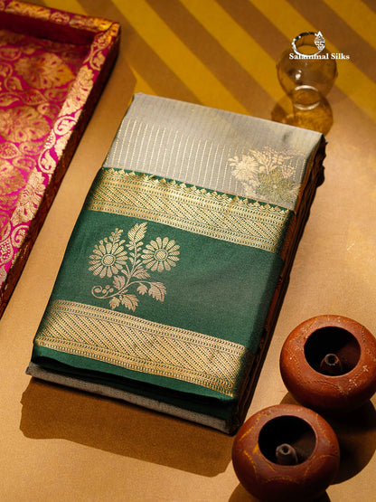 Beautiful Elaichi Green Zari Line With Butta Semi Silk Saree With Contrast Bottle Green Traditional Evening Morning Gap Border