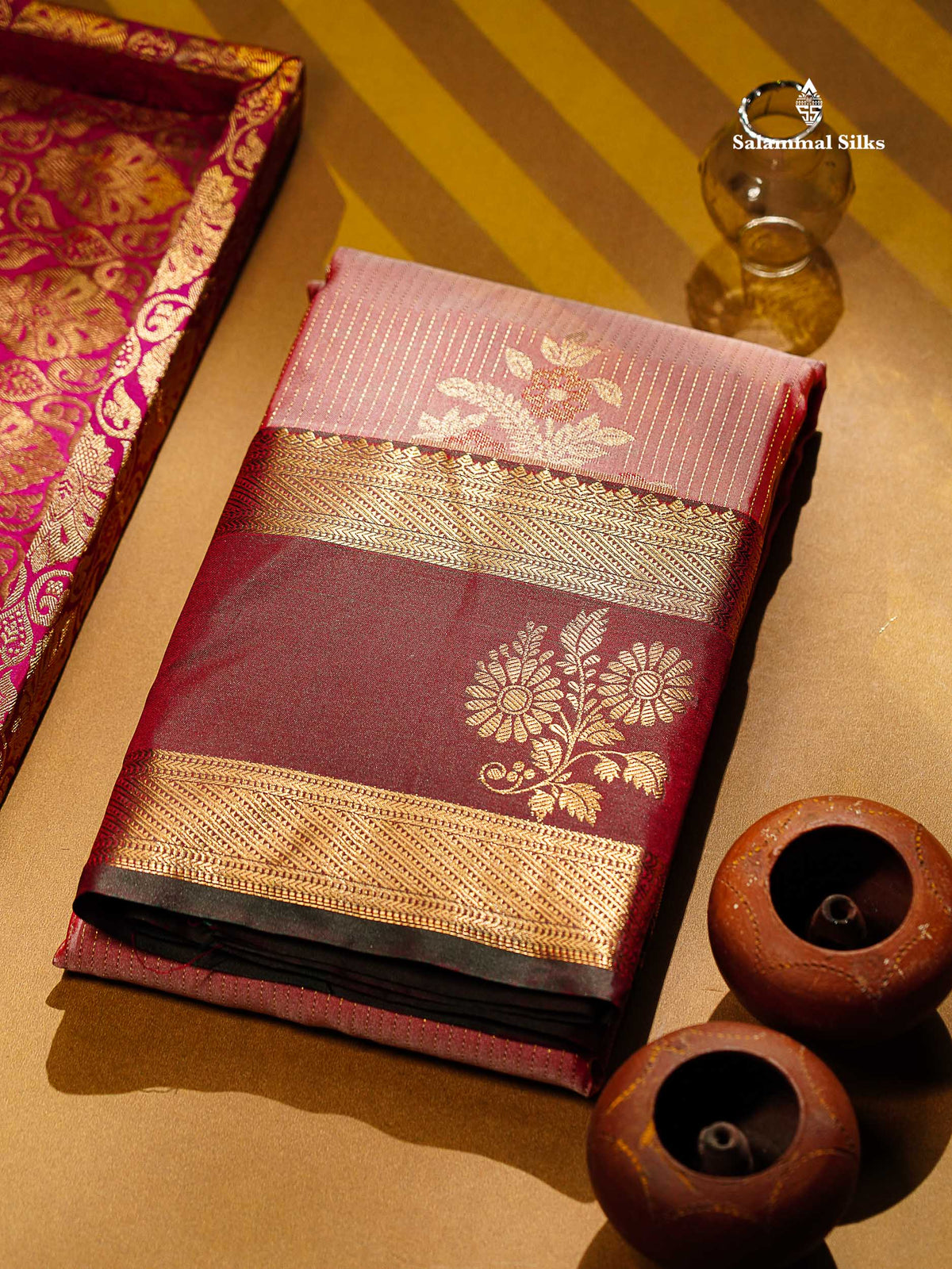 Beautiful Dark Peach Zari Line With Butta Semi Silk Saree With Contrast Dual Tone Maroon Traditional Evening Morning Gap Border