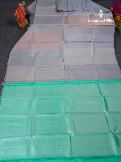 Beautiful Blueish Grey Fancy Pure Kanjivaram Pure Silk Saree With Contrast Rexona Blouse