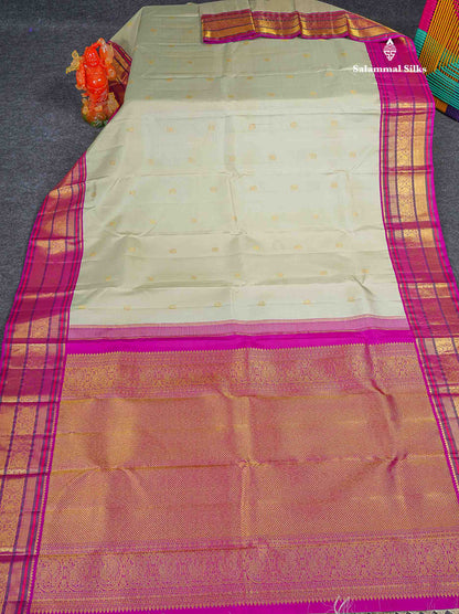 Korvai Pure Kanjivaram Silk Saree - Greenish Grey Colour Body With Contrast Magenta Pink Traditional Evening Morning Border