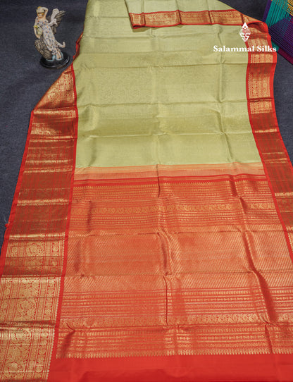 Light Parrot Green Beautiful Vanasingaram Grand Bridal Pure Kanjivaram Silk Saree With Red Korvai Border