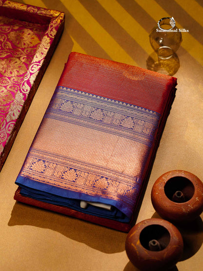 Beautiful Maroon Vaira Oosi Lines With Butta Semi Silk Saree With Contrast Dual Tone Blue Evening Morning Border