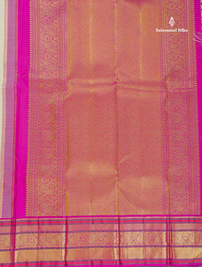 Korvai Pure Kanjivaram Silk Saree - Greenish Grey Colour Body With Contrast Magenta Pink Traditional Evening Morning Border