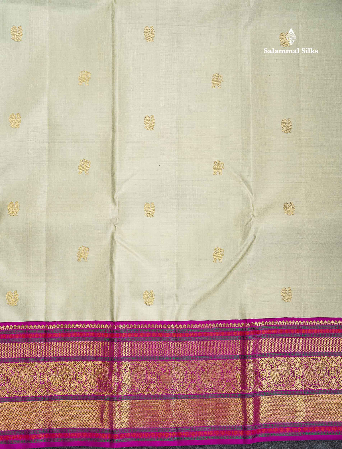 Korvai Pure Kanjivaram Silk Saree - Greenish Grey Colour Body With Contrast Magenta Pink Traditional Evening Morning Border