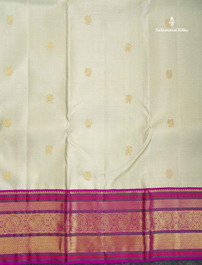 Korvai Pure Kanjivaram Silk Saree - Greenish Grey Colour Body With Contrast Magenta Pink Traditional Evening Morning Border