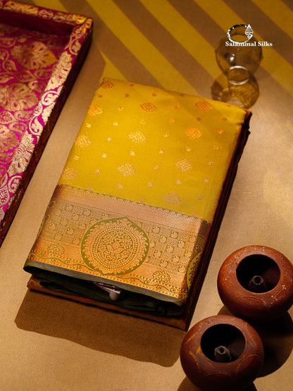 Beautiful Manthulir Yellow Zari Butta Semi Silk Saree With Contrast Blueish Grey Blouse