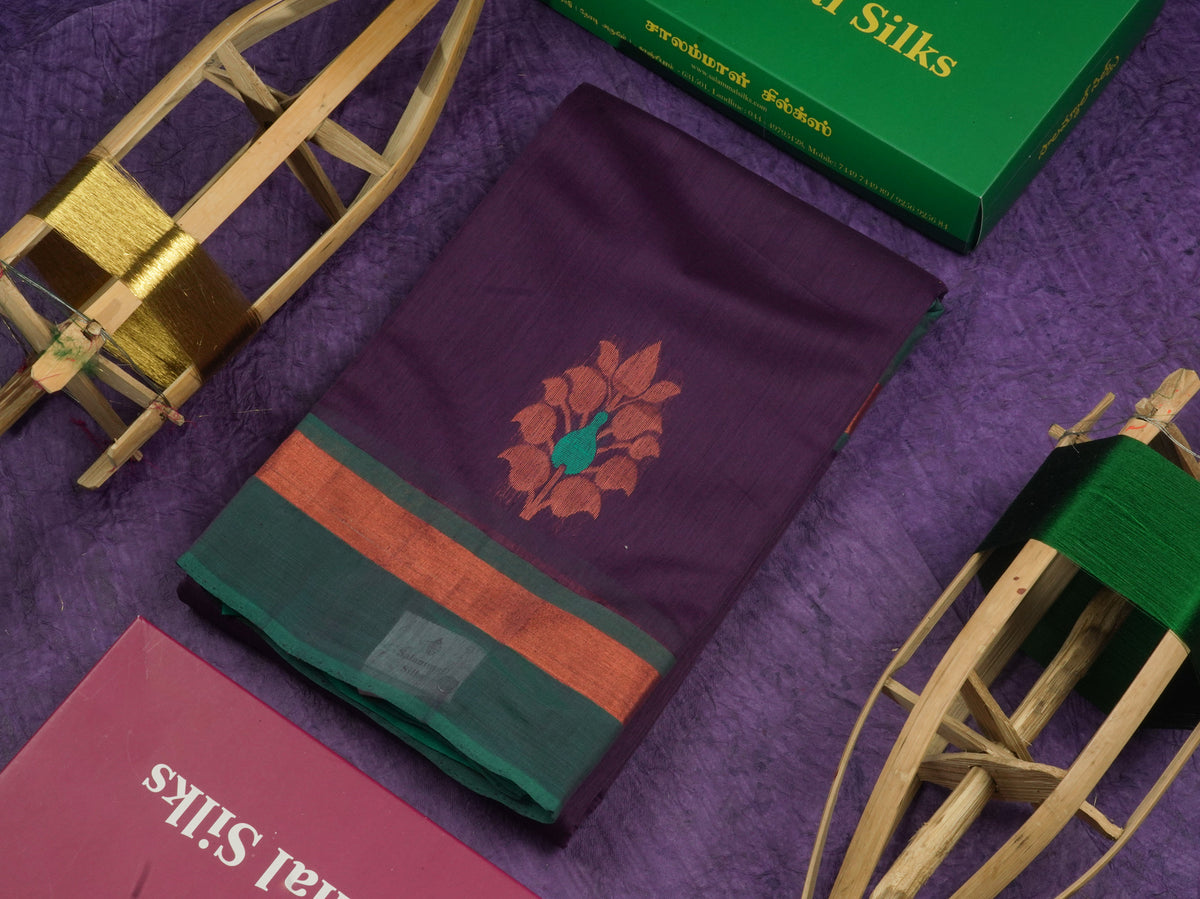 Violet Beautiful SICO Cotton Saree With Sapphire Green Border