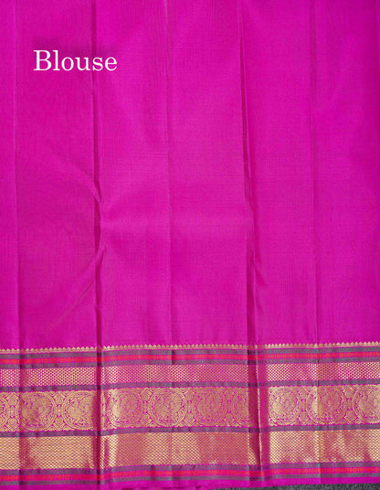 Korvai Pure Kanjivaram Silk Saree - Greenish Grey Colour Body With Contrast Magenta Pink Traditional Evening Morning Border