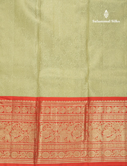 Light Parrot Green Beautiful Vanasingaram Grand Bridal Pure Kanjivaram Silk Saree With Red Korvai Border