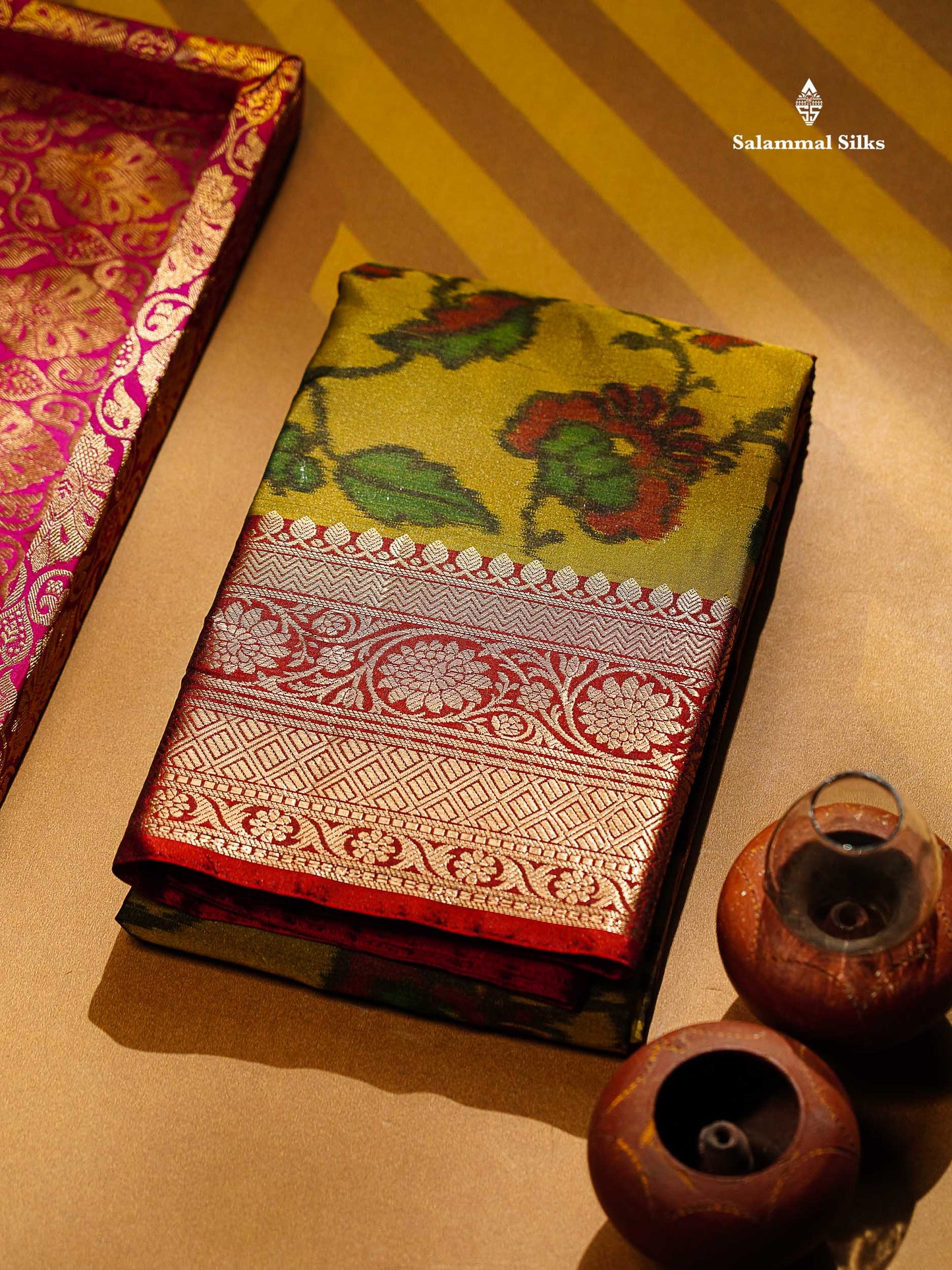 Beautiful Dual Tone Olive Green Pochampalli Design Semi Silk Saree With Contrast Orange Blouse