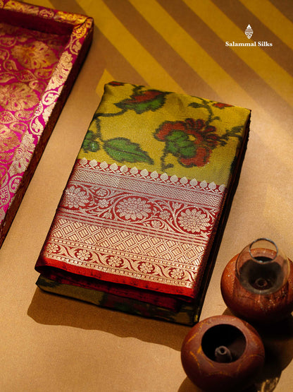 Beautiful Dual Tone Olive Green Pochampalli Design Semi Silk Saree With Contrast Orange Blouse