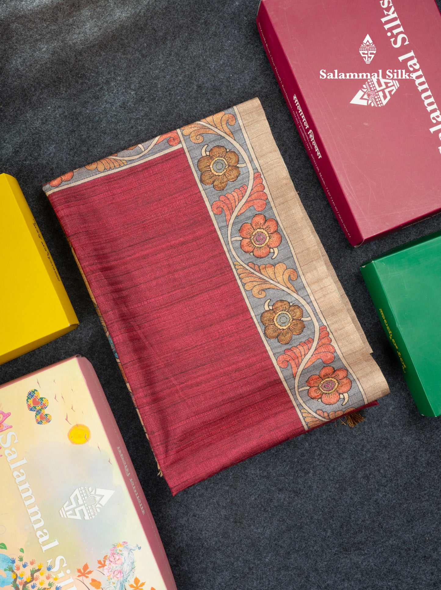 Maroon Colour Semi Tussar Fancy Saree With Contrast Sandal Border