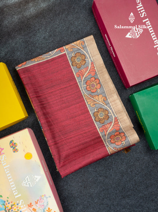 Maroon Colour Semi Tussar Fancy Saree With Contrast Sandal Border