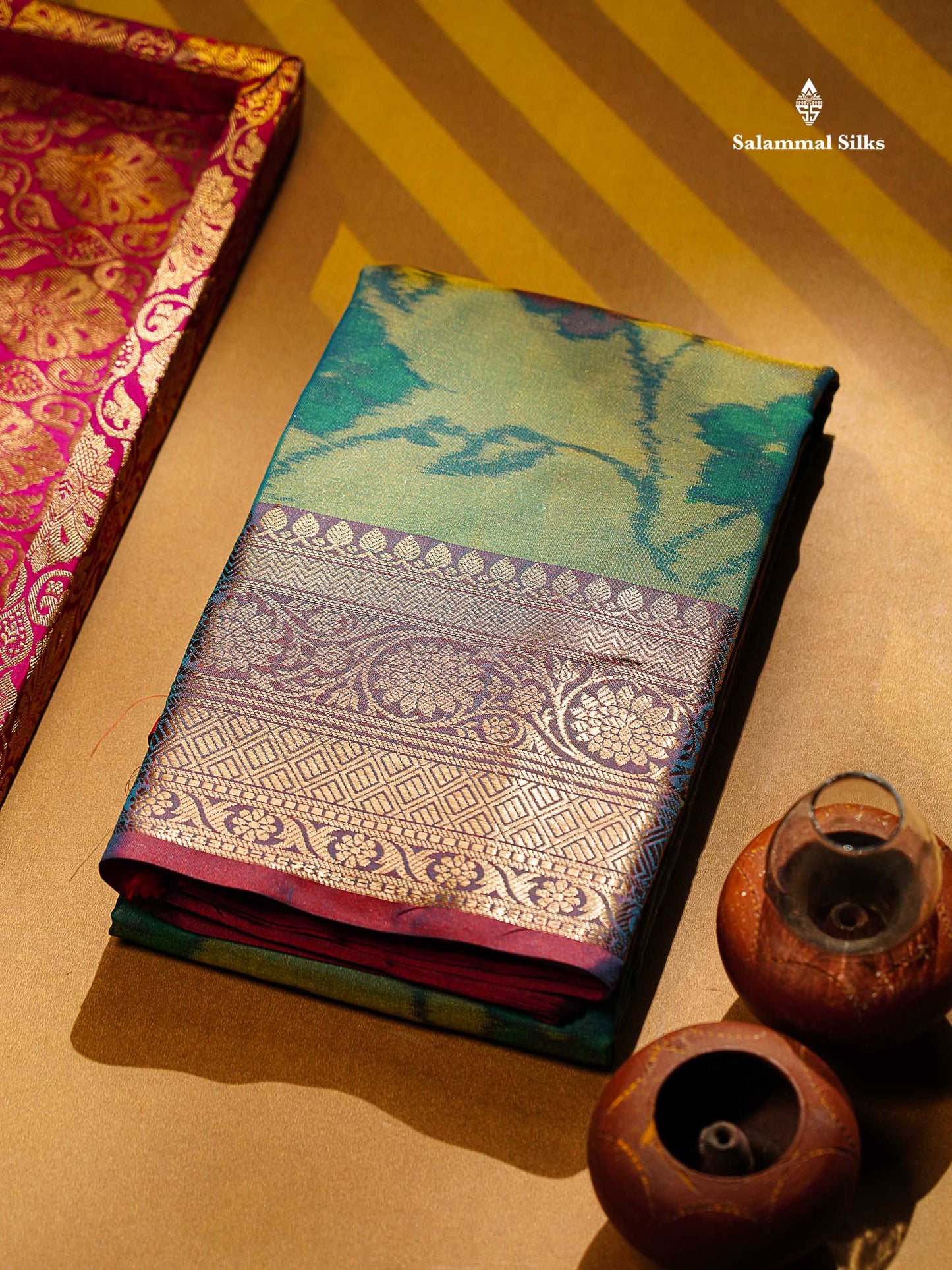 Beautiful Dual Tone Sapphire Green Pochampalli Design Semi Silk Saree With Contrast Rust Orange Blouse