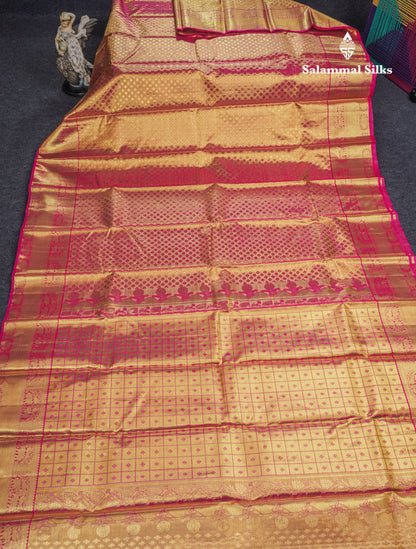 Magenta Pink Tissue Grand Bridal Pure Kanjivaram Silk Saree With Self Border