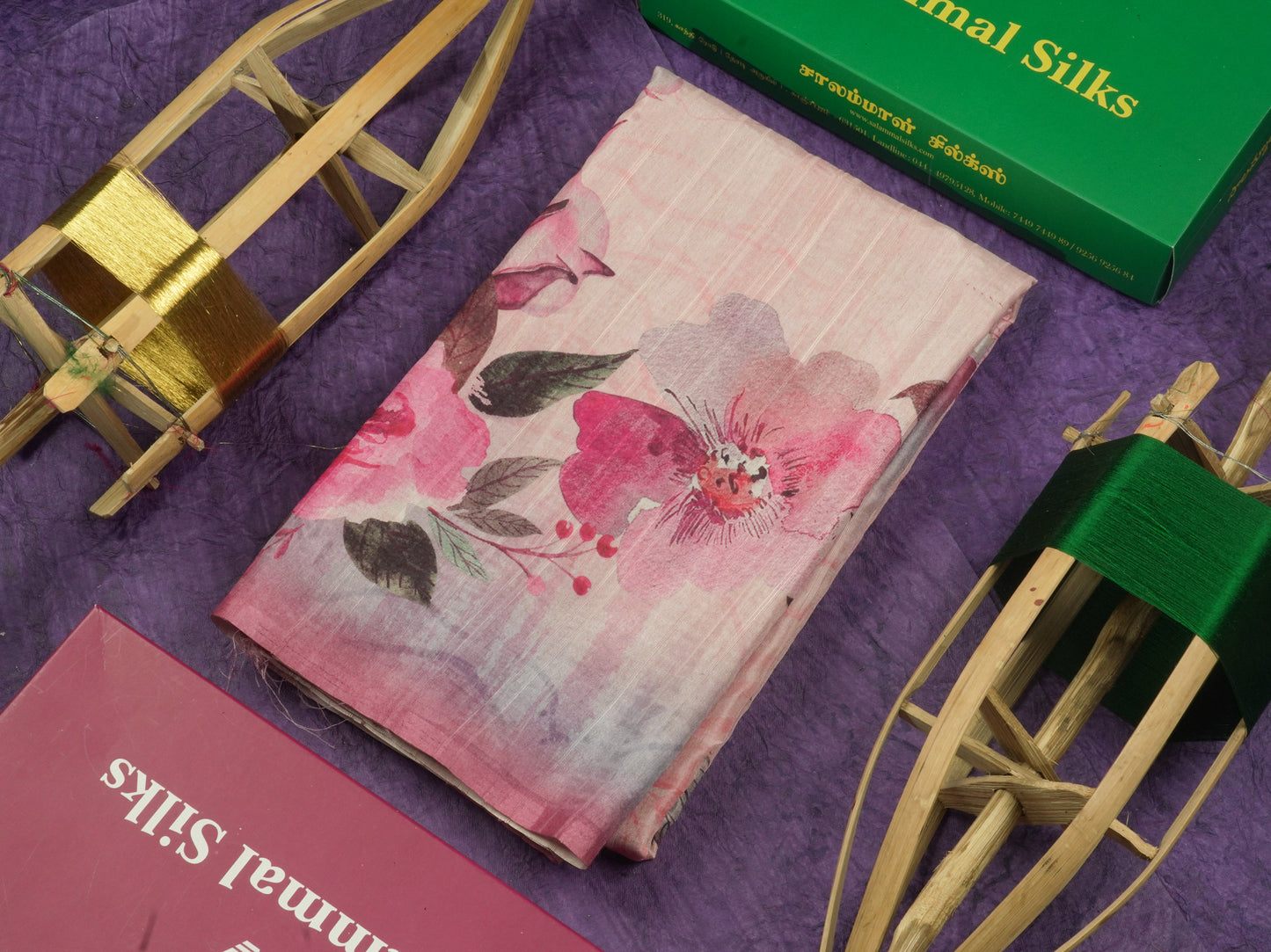 Light Pink Floral Printed Design Semi Tussar Saree With Contrast Blouse