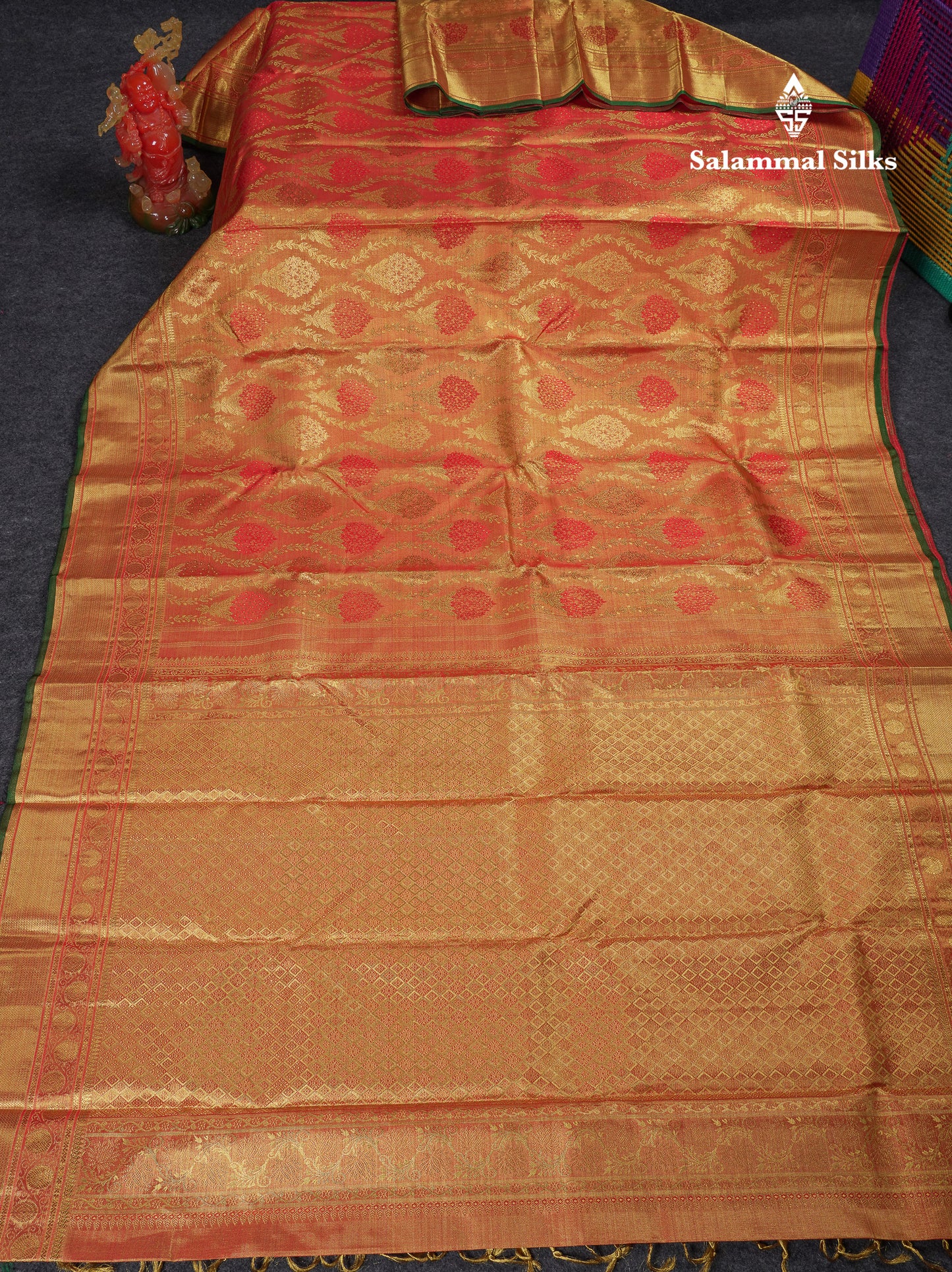 Beautiful Tomato Red Menakari Work Bridal Pure Kanjivaram 2G Zari Silk Saree With Traditional Border