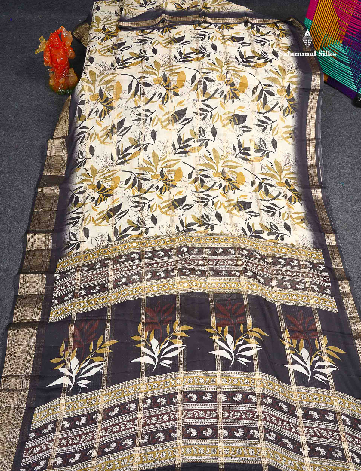 Semi Crepe Silk Saree - Half White Colour Body With Contrast Black Fancy Border