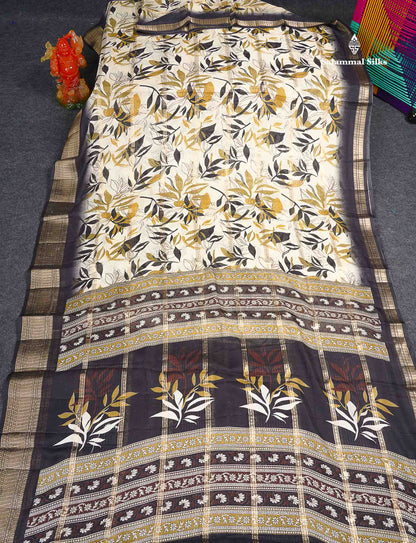 Semi Crepe Silk Saree - Half White Colour Body With Contrast Black Fancy Border