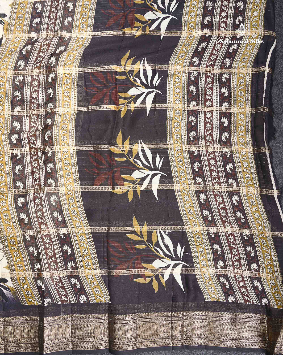 Semi Crepe Silk Saree - Half White Colour Body With Contrast Black Fancy Border