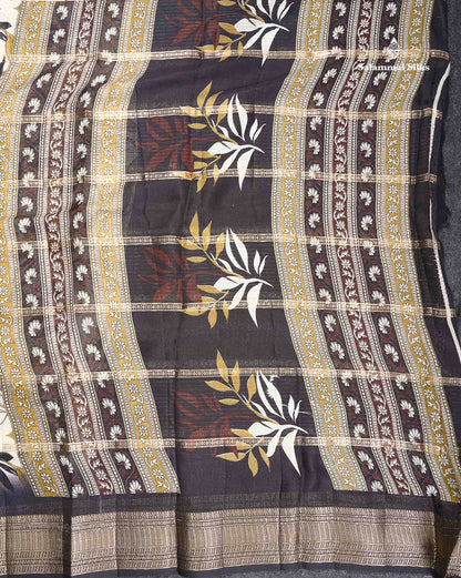 Semi Crepe Silk Saree - Half White Colour Body With Contrast Black Fancy Border