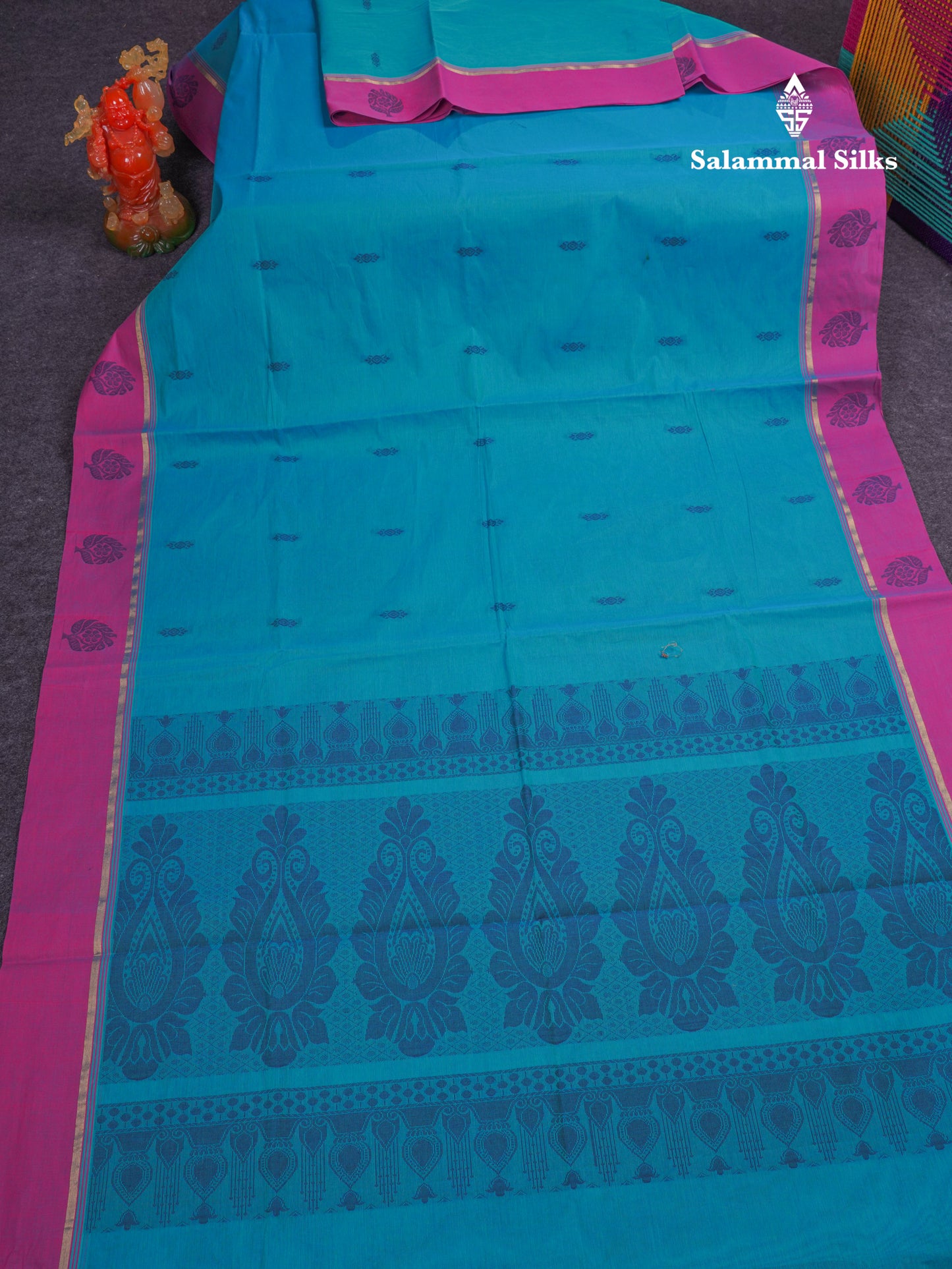 Beautiful Ramar Blue Thread Work Buttas Pure Cotton Saree With Contrast Violet Border